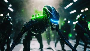 side view of a black H.R. Geiger xenomorph ascending into a beam of light above cowering soldiers,  with neon green and electric blue watercolor splatters