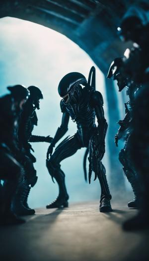 xenomorph looking down on cowering soldiers while ascending like an arch angel into a pale blue light, 