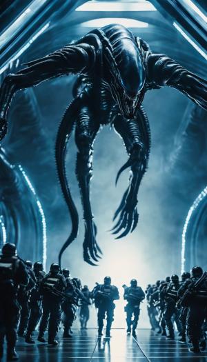 xenomorph looking down on cowering soldiers while ascending like an arch angel into a pale blue light, 