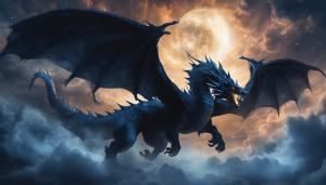 shadow dragon flying trough the night sky, fantasy, trough clouds