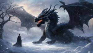 black dragon, fantasy, in the snow 