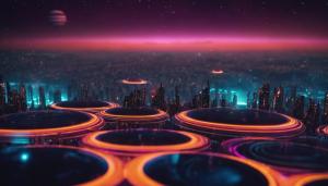 Neon cityscape on Saturns rings