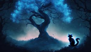 background, tree with blue smoke in front, dark atmosphere with cheshire cat