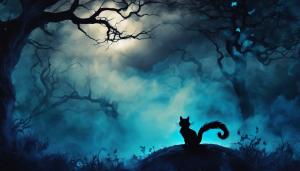 background, tree with blue smoke in front, dark atmosphere with cheshire cat