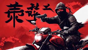 Ninja on a motorcycle , posing with a gun . Red background with Chinese letters black hairy