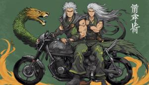 Shirtless ninja with grey hair and muscles , holdind sword on a motorcycle. Black and grey background Chinese letters. Lion , green snake , eagle and vulture in the background 