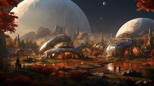 Mars colony with a lot of trees and humans.