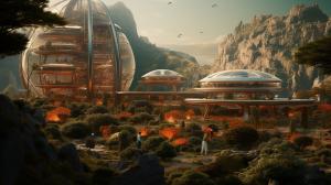 Mars colony with a lot of trees and humans.