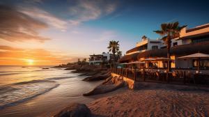 Sunset over a Spanish beach, with authentic restaurants.