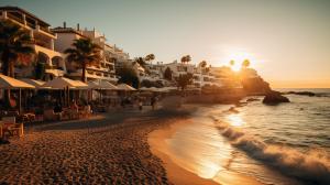 Sunset over a Spanish beach, with authentic restaurants.