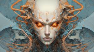 alien cyborg art and illustration by theo el, in the style of balanced symmetry, light orange and cyan, detailed facial features, manticore, organic forms, muted tones, meticulous portraiture, complex patterns