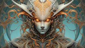 alien cyborg art and illustration by theo el, in the style of balanced symmetry, light orange and cyan, detailed facial features, manticore, organic forms, muted tones, meticulous portraiture, complex patterns