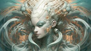 alien cyborg art and illustration by theo el, in the style of balanced symmetry, light orange and cyan, detailed facial features, manticore, organic forms, muted tones, meticulous portraiture, complex patterns