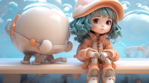 kuhia kawaii character on ice bench, in the style of hyper-realistic sci-fi, vray tracing, alan bean, hikari shimoda, teal and beige, cute and dreamy