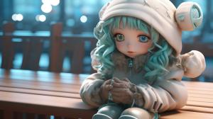 kuhia kawaii character on ice bench, in the style of hyper-realistic sci-fi, vray tracing, alan bean, hikari shimoda, teal and beige, cute and dreamy