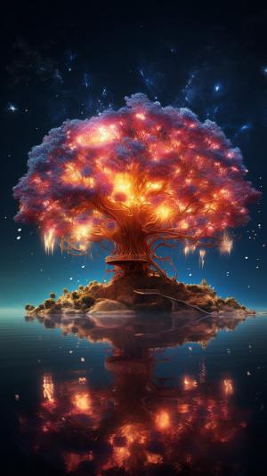 100 mm shot, cinematic shot, award winning CGI, perfect angle, (island Yggdrasil tree, middle of the ocean, celebration, firework, fantasy, surreal, epic fantasy, dreamland), (detailed, finest detailed, ultra detailed, intricate), vibrant color, volumetric lighting, depth of field, hard shadow, reflection, sharp focus, 3D render, unreal engine, HD, UHD, 64K, masterpiece, professional work.