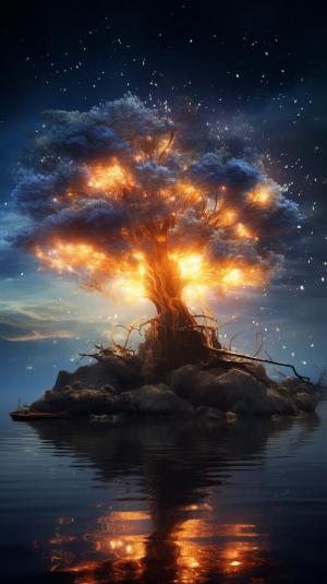 100 mm shot, cinematic shot, award winning CGI, perfect angle, (island Yggdrasil tree, middle of the ocean, celebration, firework, fantasy, surreal, epic fantasy, dreamland), (detailed, finest detailed, ultra detailed, intricate), vibrant color, volumetric lighting, depth of field, hard shadow, reflection, sharp focus, 3D render, unreal engine, HD, UHD, 64K, masterpiece, professional work.