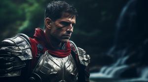 Roman knight in Spartan armor close-up, in the Amazon River Gorge, against a waterfall, 8k ultra realistic, photorealistic, photography lighting, reflection mapping, ultra detailed, photorealistic, cinematic, movie quality rendering, vfx post production, rtx ray tracing lighting