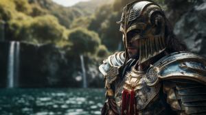 Roman knight in Spartan armor close-up, in the Amazon River Gorge, against a waterfall, 8k ultra realistic, photorealistic, photography lighting, reflection mapping, ultra detailed, photorealistic, cinematic, movie quality rendering, vfx post production, rtx ray tracing lighting