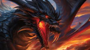 Zoddrened, the dark, a terrifying black dragon, mouth open about to exhale a sea of flames, masterpiece, gigantic scale, in the style of detail-oriented, hyper-realistic, in the style of yugioh monster --no frame, mockup, signature, watermark, username, low resolution, worst quality, low quality, jpeg artefacts, blurry, cropped, badly framed