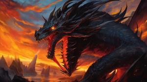 Zoddrened, the dark, a terrifying black dragon, mouth open about to exhale a sea of flames, masterpiece, gigantic scale, in the style of detail-oriented, hyper-realistic, in the style of yugioh monster --no frame, mockup, signature, watermark, username, low resolution, worst quality, low quality, jpeg artefacts, blurry, cropped, badly framed