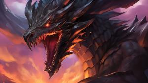 Zoddrened, the dark, a terrifying black dragon, mouth open about to exhale a sea of flames, masterpiece, gigantic scale, in the style of detail-oriented, hyper-realistic, in the style of yugioh monster --no frame, mockup, signature, watermark, username, low resolution, worst quality, low quality, jpeg artefacts, blurry, cropped, badly framed