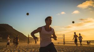 Guys playing volleyball in the beach