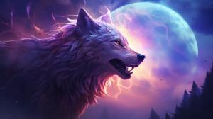 Werewolf in tten wolf style with a magical moon with purple Galaxy