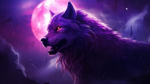 Werewolf in tten wolf style with a magical moon with purple Galaxy