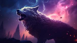 Werewolf in tten wolf style with a magical moon with purple Galaxy