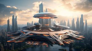 Futuristic skyscrapers and flying cars