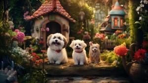 Cute dogs playing together in a garden of a cozy house.