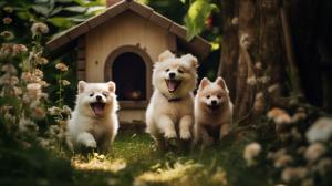 Cute dogs playing together in a garden of a cozy house.