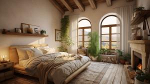 Cozy room with antic furnitures, big bed and lovely windows.