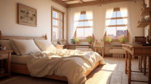 Cozy room with antic furnitures, big bed and lovely windows.