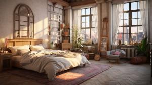 Cozy room with antic furnitures, big bed and lovely windows.