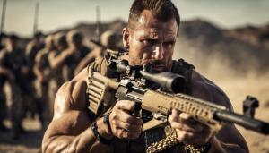 BEASTLY Bodybuilder Tough Goose wearing gold chain and shooting a 50 caliber sniper rifle. In the warzone. Fighting enemy soldiers. Looking angry and determined to be victorious! 