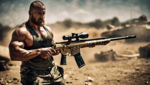 BEASTLY Bodybuilder Tough Goose wearing gold chain and shooting a 50 caliber sniper rifle. In the warzone. Fighting enemy soldiers. Looking angry and determined to be victorious! 