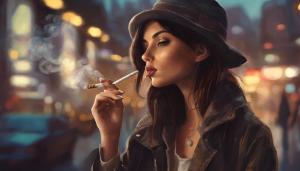 A cool beautiful brunette girl smoking a cigarette 