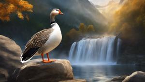 Crowned Queen Goose standing majestically above waterfall with detailed wings   