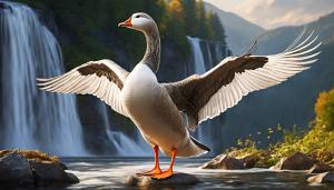 Crowned Queen Goose standing majestically above waterfall with detailed wings   