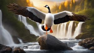 Crowned Queen Goose standing majestically above waterfall with detailed wings   