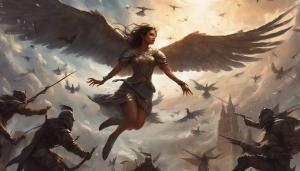 Demon girl Goose flying aggresively above enemy soldiers. Beautiful detailed wings