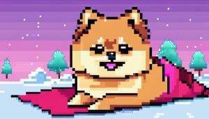 cute pomeranian dog laying on blanket,winter time, vaporwave 8-bit