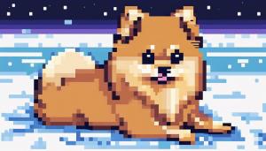 cute pomeranian dog laying on blanket,winter time, vaporwave 8-bit