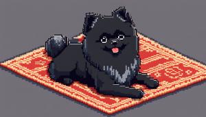 Cute black pomeranian dog laying on a blanket, winter, kawaii 8-bit