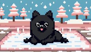 Cute black pomeranian dog laying on a blanket, winter, kawaii 8-bit