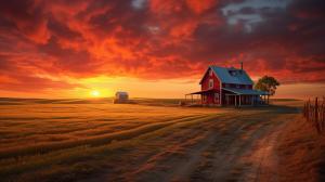 Amazing sunset over a cozy American farm