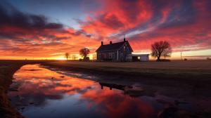 Amazing sunset over a cozy American farm