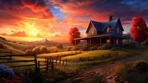 Amazing sunset over a cozy American farm